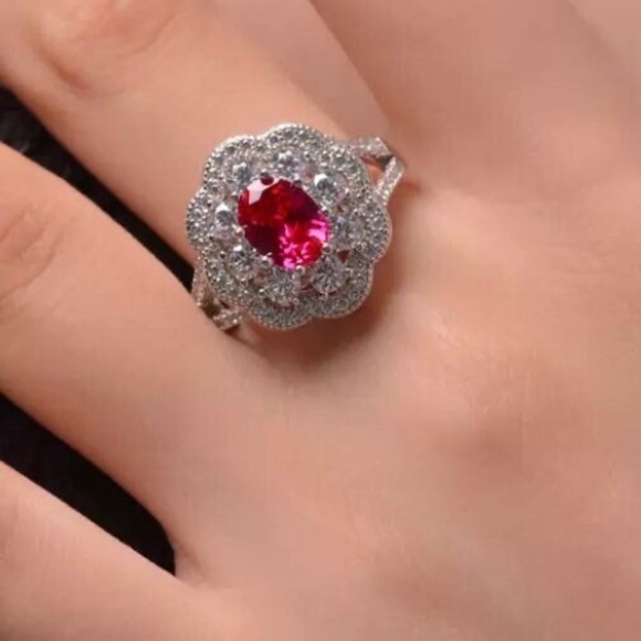 Lab Created Ruby Engagement Ring - Ruby Diamond Cocktail Ring - Picture 5 of 6